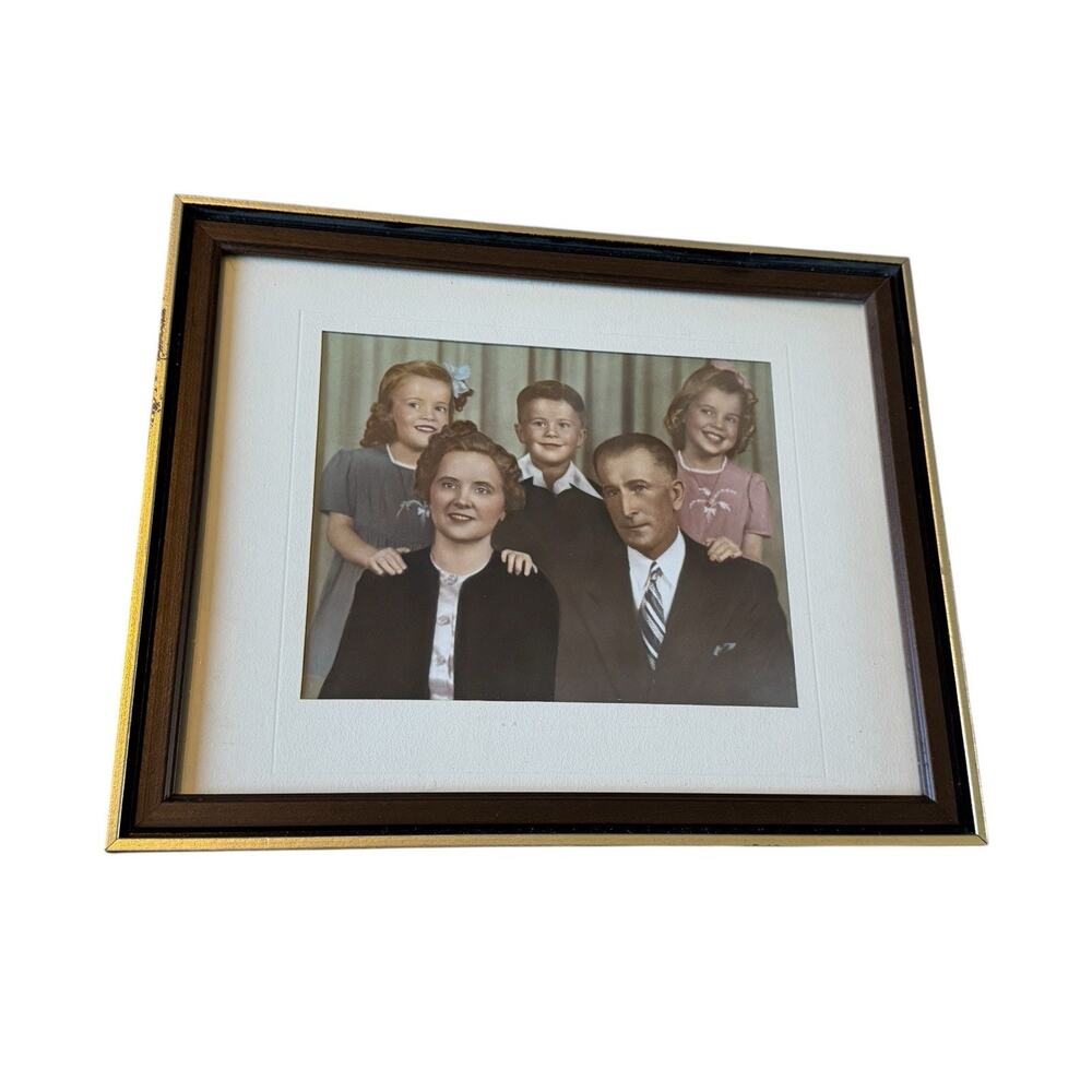 Vintage Hand Colored Family Portrait Photo Framed Mid Century Original Picture